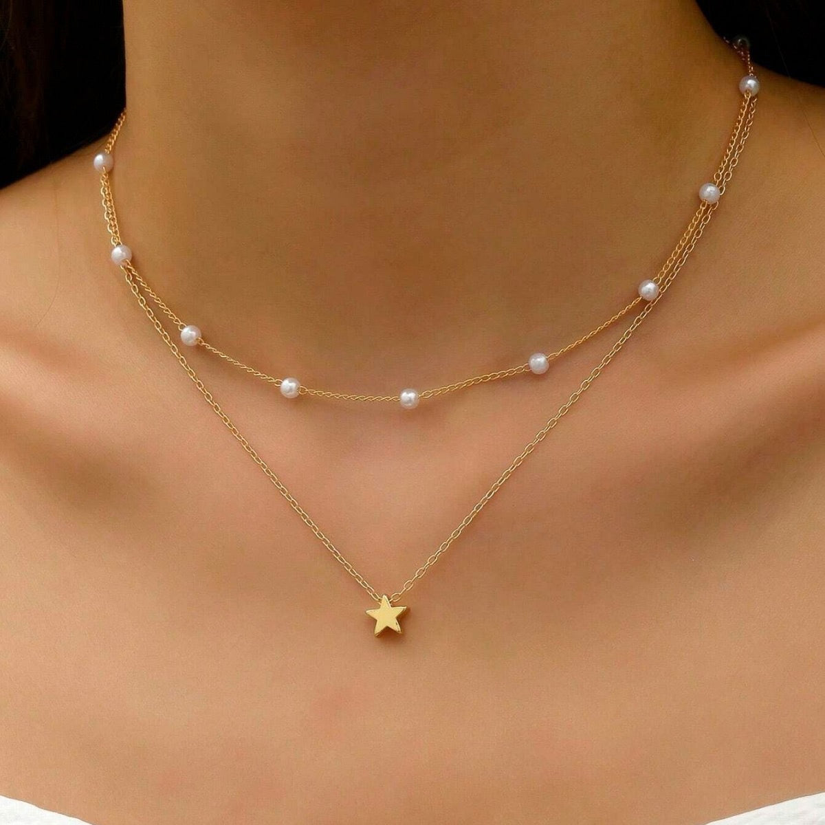 Fashion Imitation Pearl Layered Necklace with Heart Pendant for Women Men