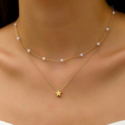 Fashion Imitation Pearl Layered Necklace with Heart Pendant for Women Men