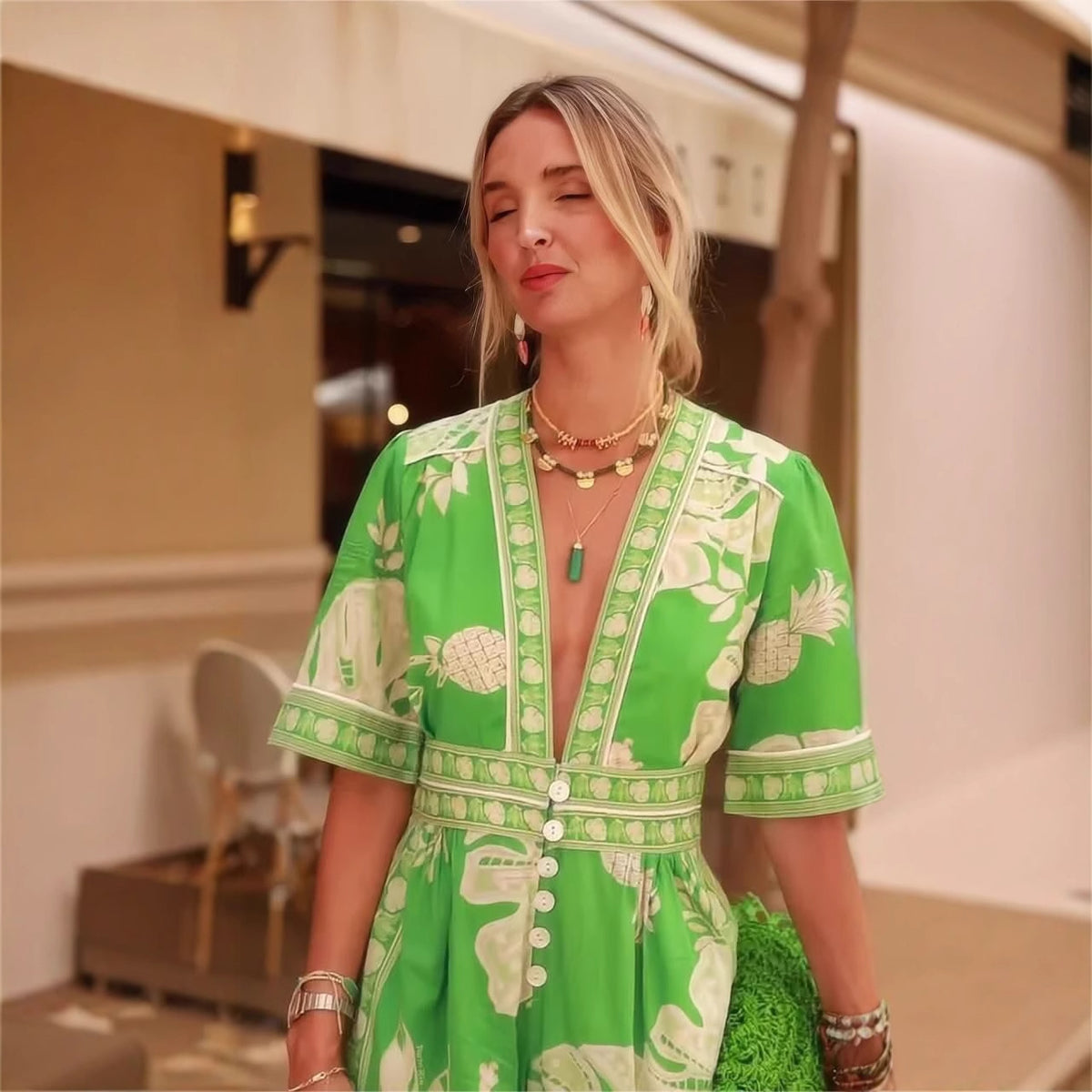 Printed V-Neck Short Sleeve Jumpsuit