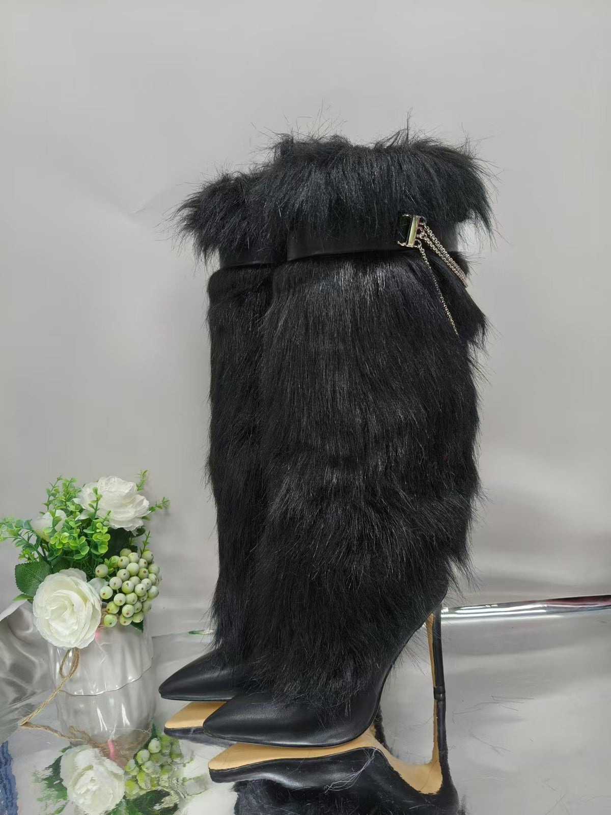 Pointed-toe furry boots high heels