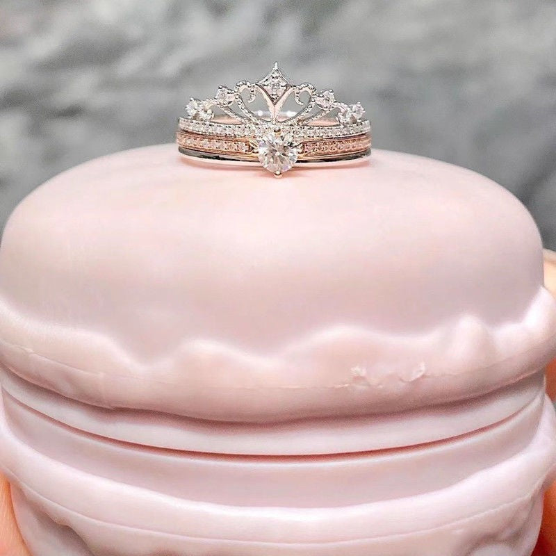 Moissanite Ring Kroon Witte Roos Tweekleurig Goud