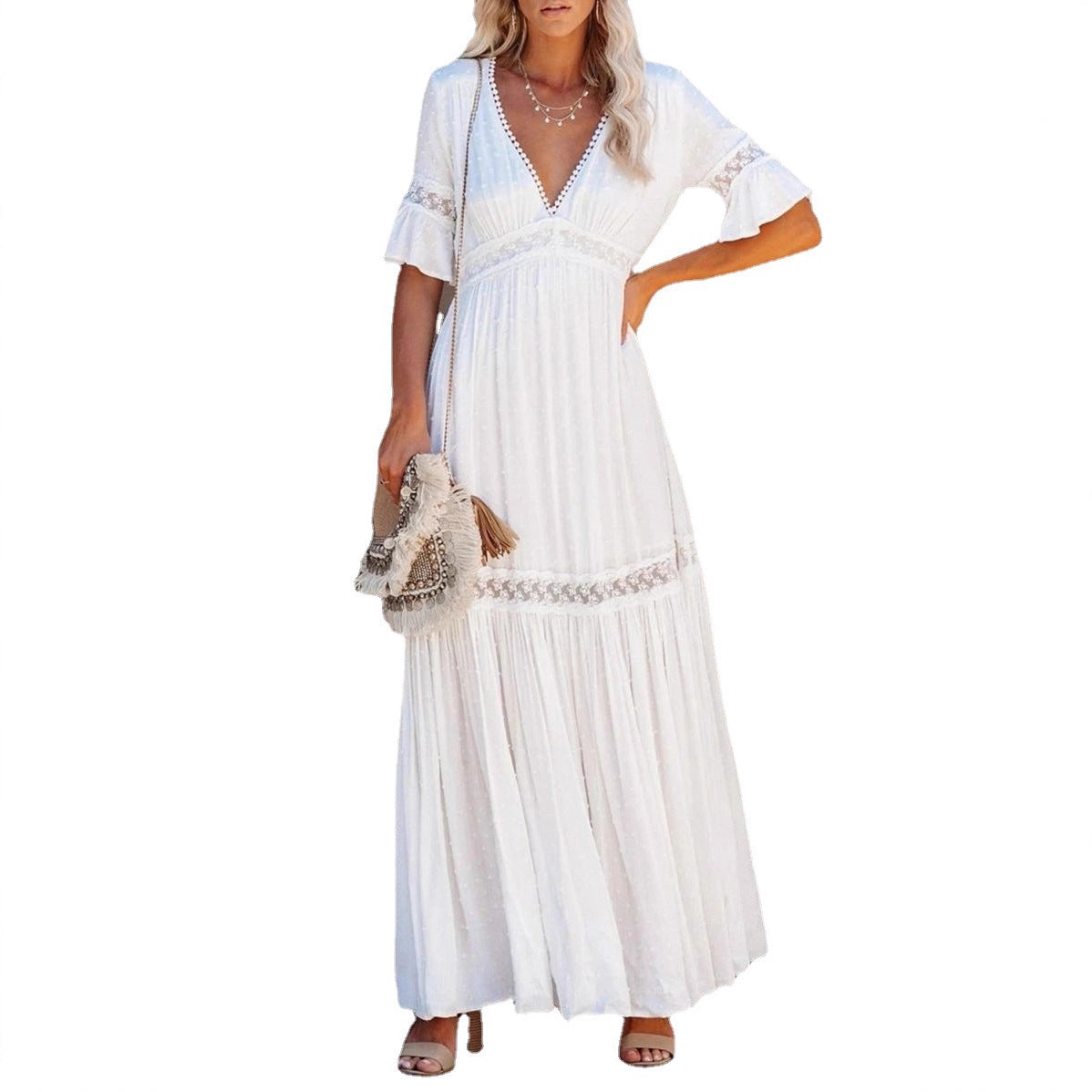 Womens Solid Color Lace Trim V-Neck Long Dress