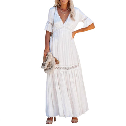 Womens Solid Color Lace Trim V-Neck Long Dress