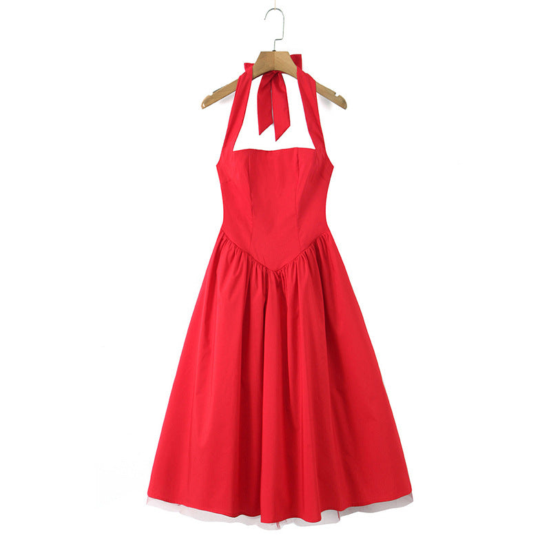 French Backless Cross-Tie Halter Dress