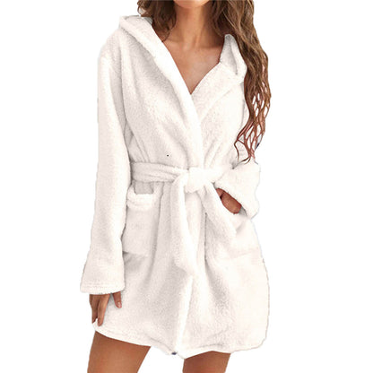 Womens Plush Hooded Bathrobe Warm Homewear