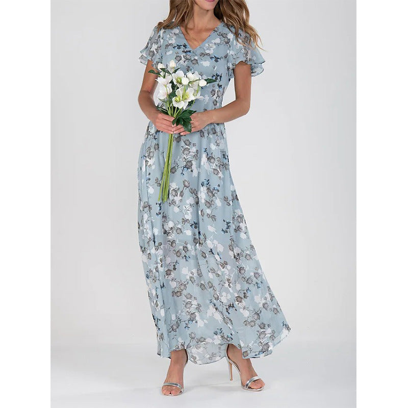 Womens Floral Print Chiffon V Neck Ruffled Swing Dress Short Sleeve Midi Beach Long Dress
