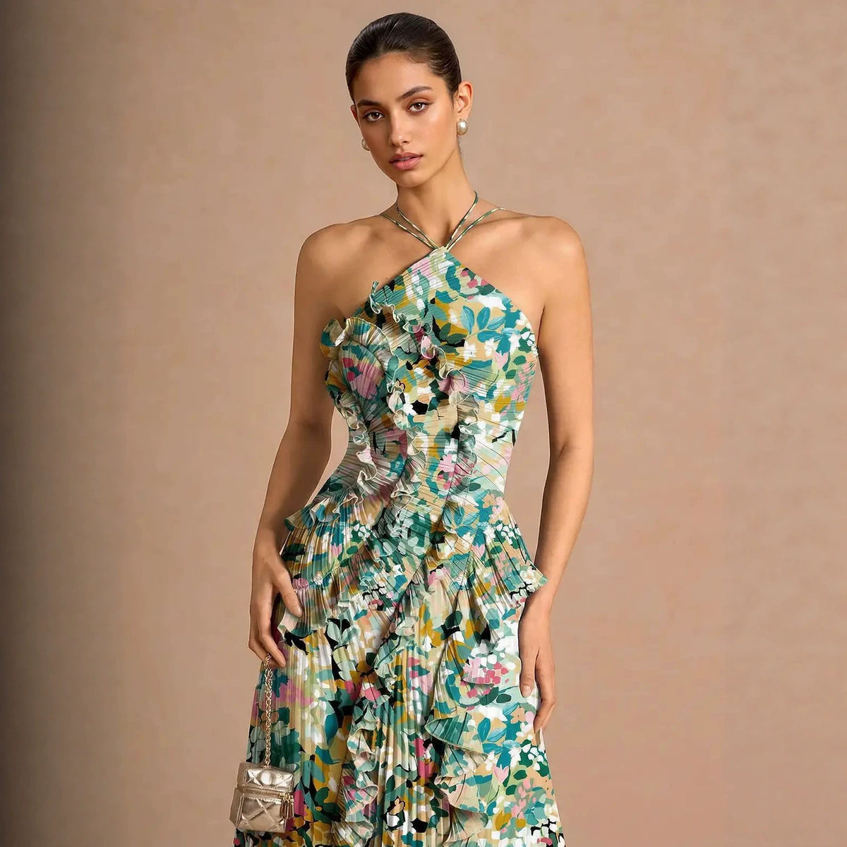 Women's Pleated Chiffon Midi Dress Floral Print Evening Gown