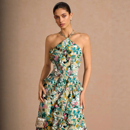 Women's Pleated Chiffon Midi Dress Floral Print Evening Gown