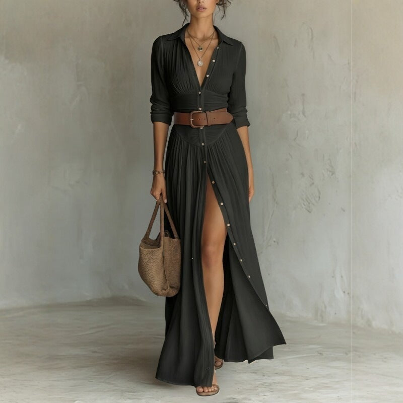 Womens V-Neck Belted Shirt Dress