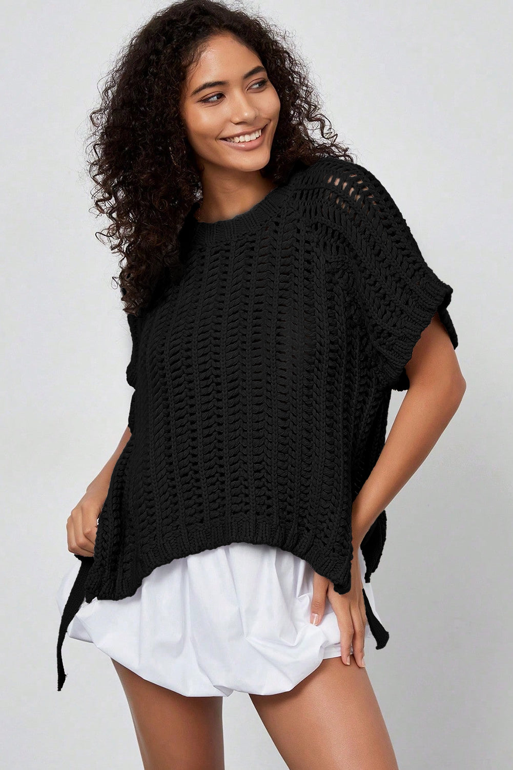 Plus size open gebreide trui met strik en korte mouwen