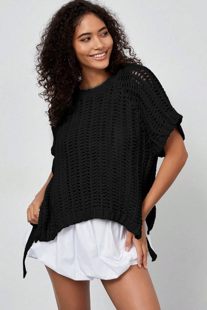 Plus size open gebreide trui met strik en korte mouwen