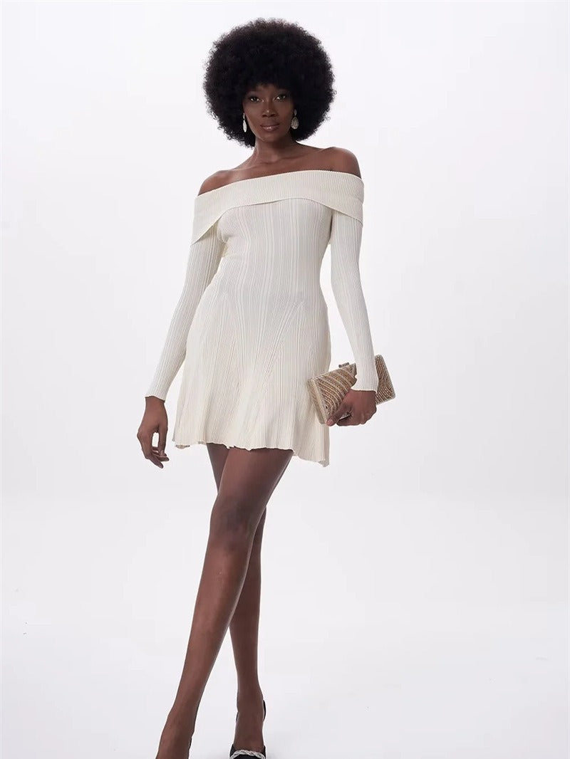 Sexy Off-Shoulder Long Sleeve Knitted Dress Women Pleated Slim Fit Short Skirt