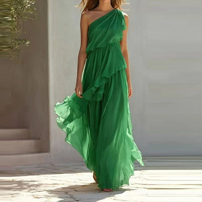 Elegant Slanted Neck Pleated Beach DressesAsymmetric Chiffon