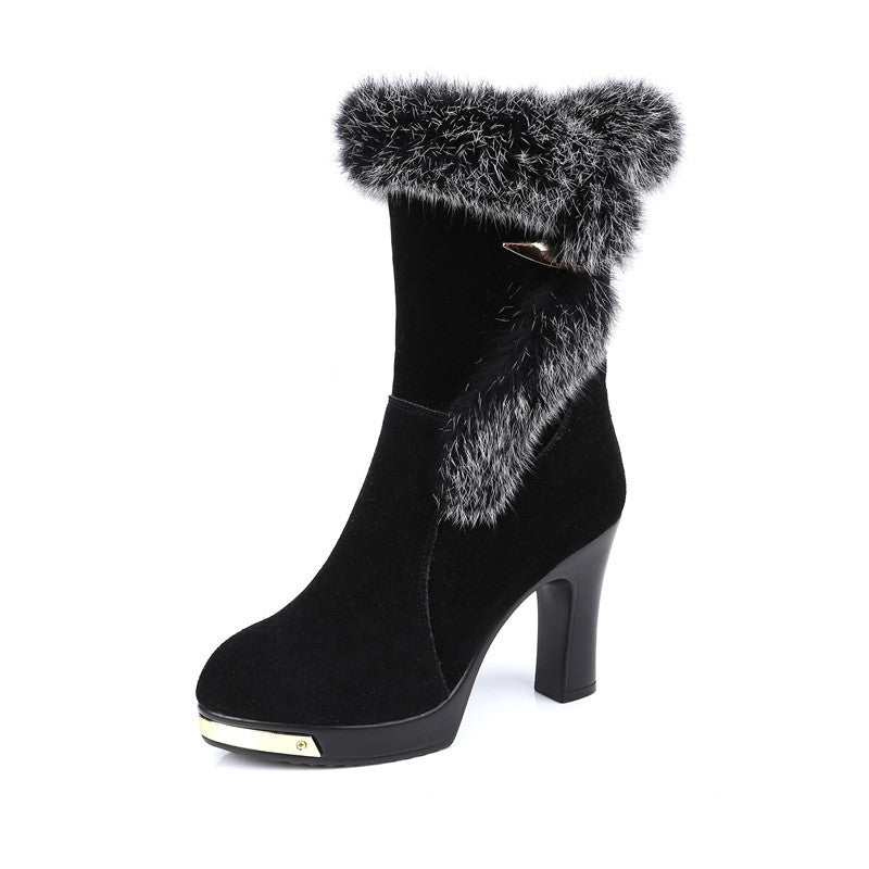 Genuine leather women's high-heeled cowhide boots