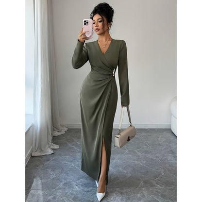 Womens Solid Color V-Neck Long Sleeve Dress