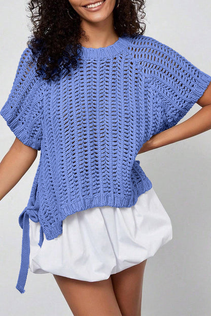 Plus size open gebreide trui met strik en korte mouwen