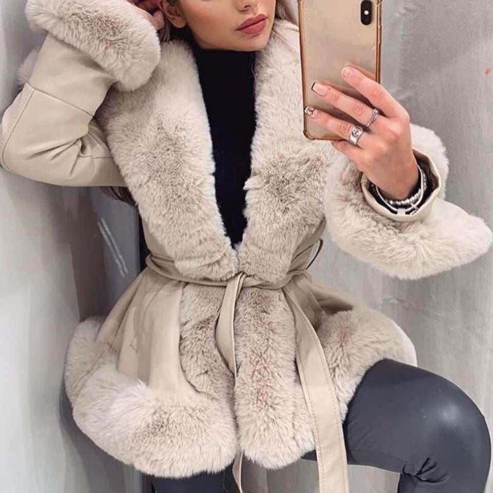 Women's Faux Rabbit Fur Waist Cinching Coat