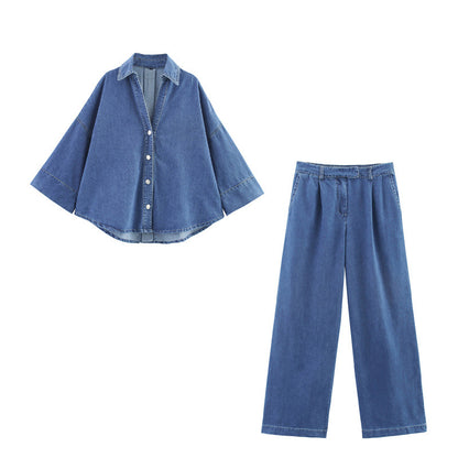 Wide Sleeve Denim Shirt and Pleated Pants