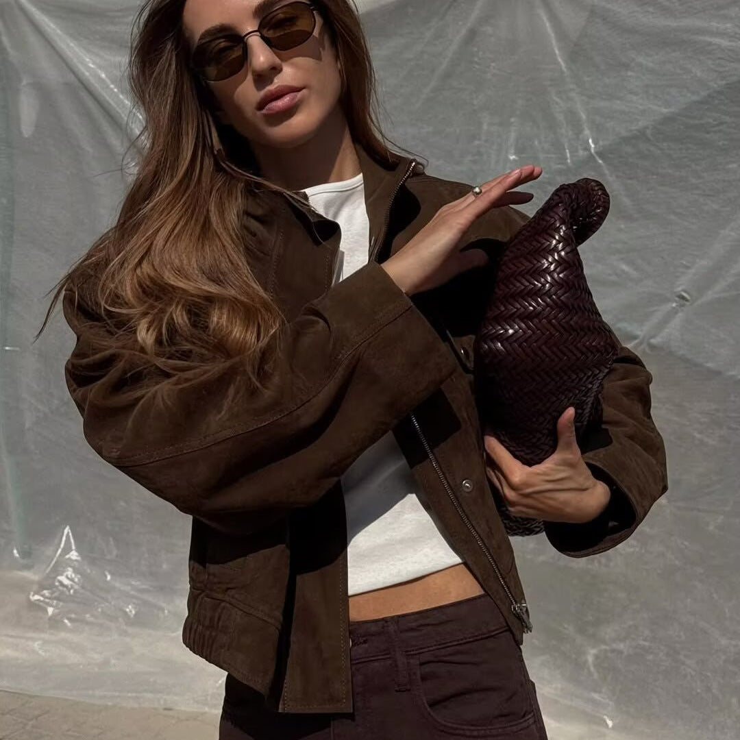 Womens Stand Collar Long Sleeve Suede Jacket
