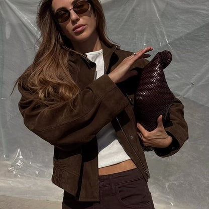 Womens Stand Collar Long Sleeve Suede Jacket