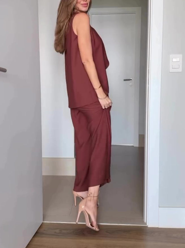 Bruine mouwloze top met hoge taille en wijde pijpen set
