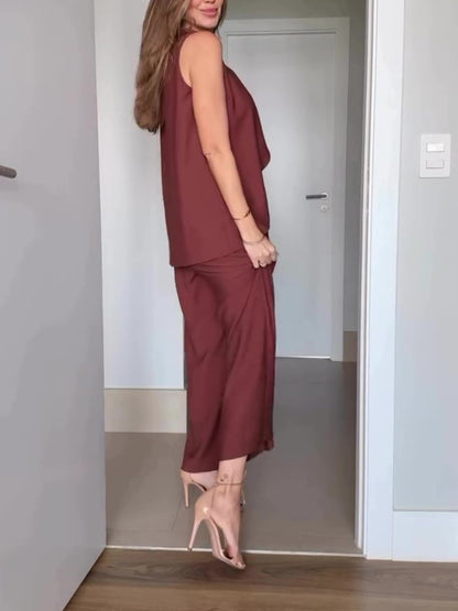 Bruine mouwloze top met hoge taille en wijde pijpen set