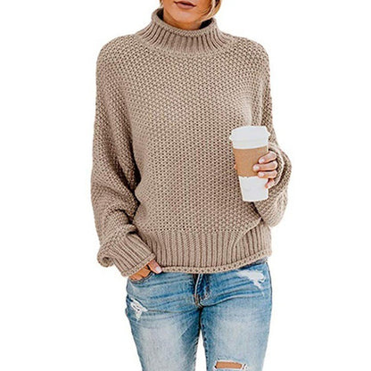 Womens Turtleneck Sweater Loose Fit Solid Color Oversized Knit Pullover