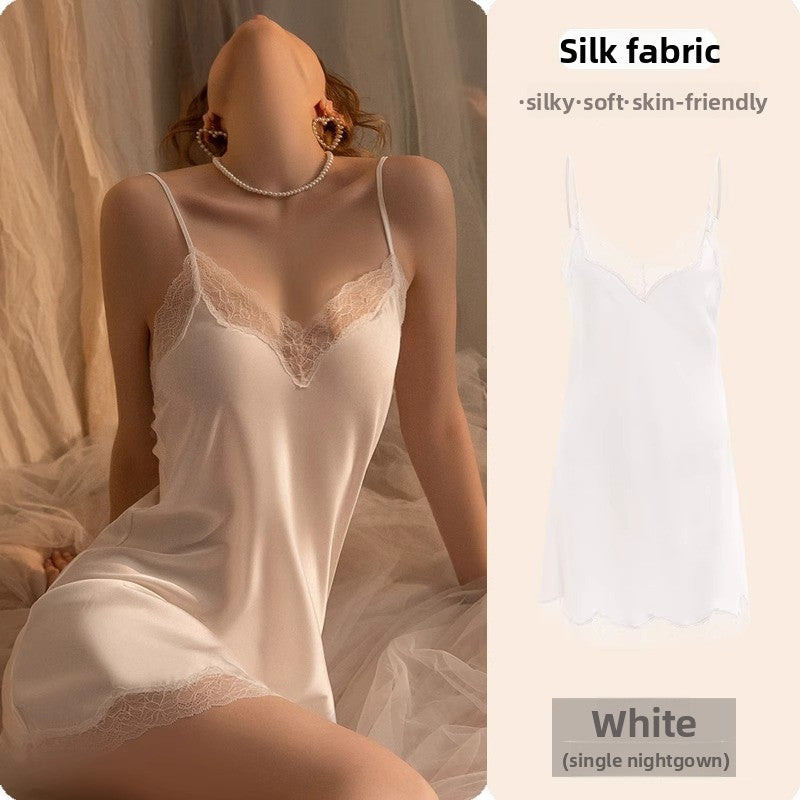 Lace Trim Ice Silk Womens Sleepwear Nightdress