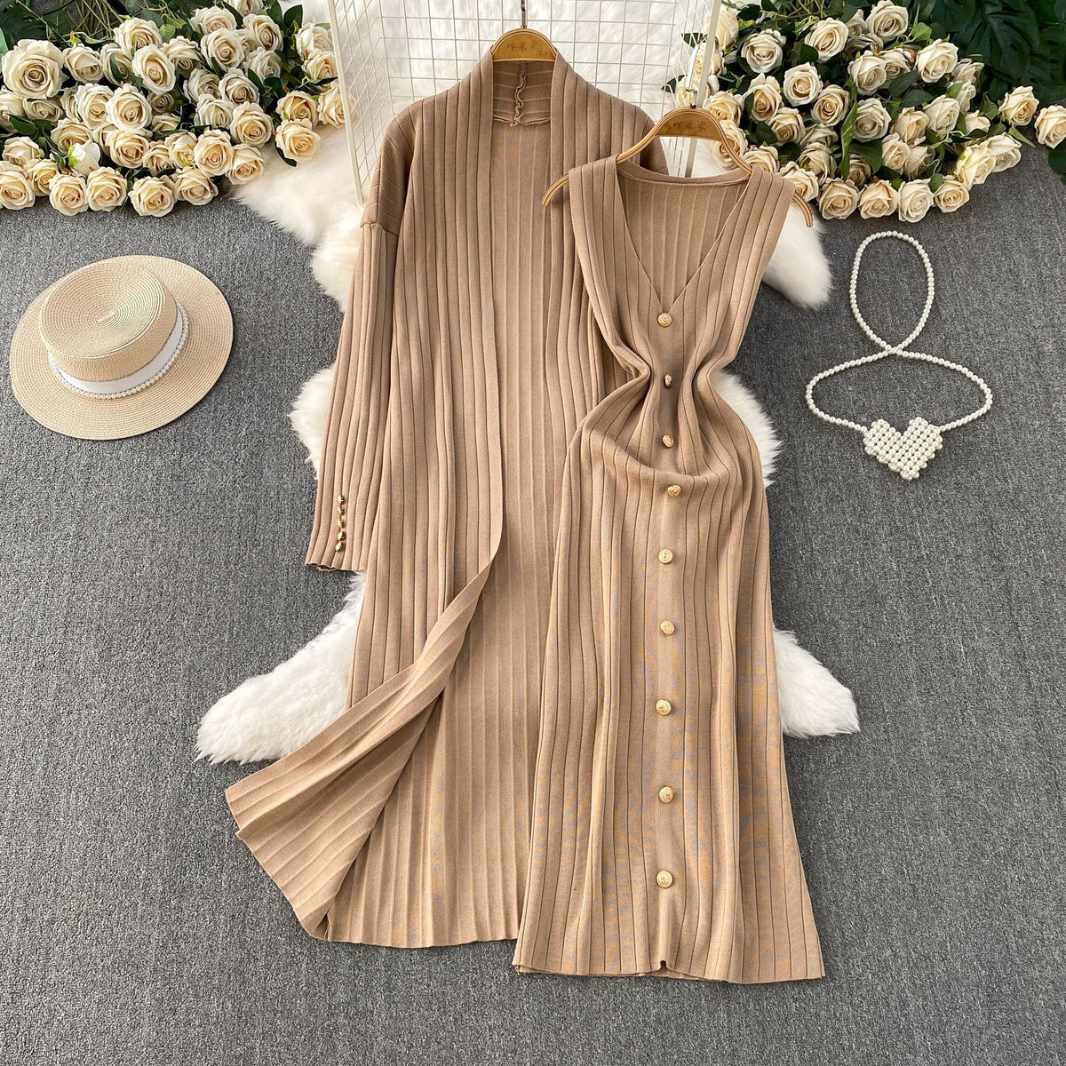 Elegant Knitted Shawl Jacket and Vest Dress Suit
