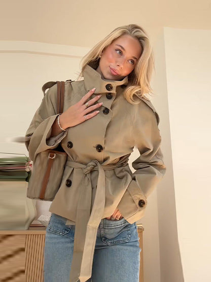Retro V-neck double-buttoned belted short coat with zipper closure