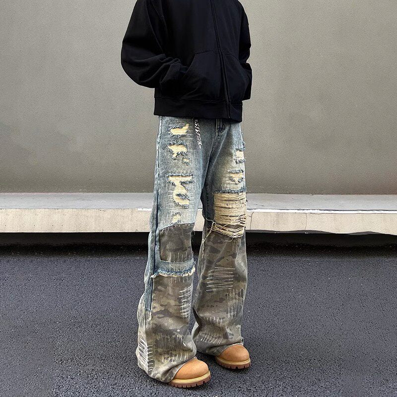 Vintage Camouflage Stitching Ripped Heavy Jeans