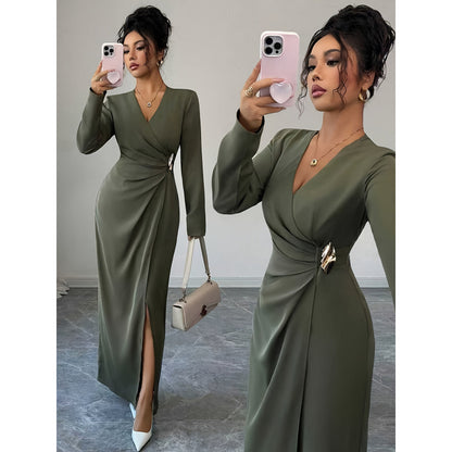 Womens Solid Color V-Neck Long Sleeve Dress