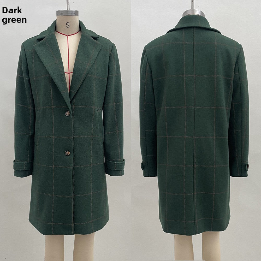 Retro Plaid Mid-Length Lapel Coat for Women