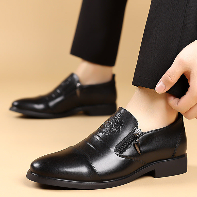 Mens Business Casual Leather Shoes with Lion Head Zipper
