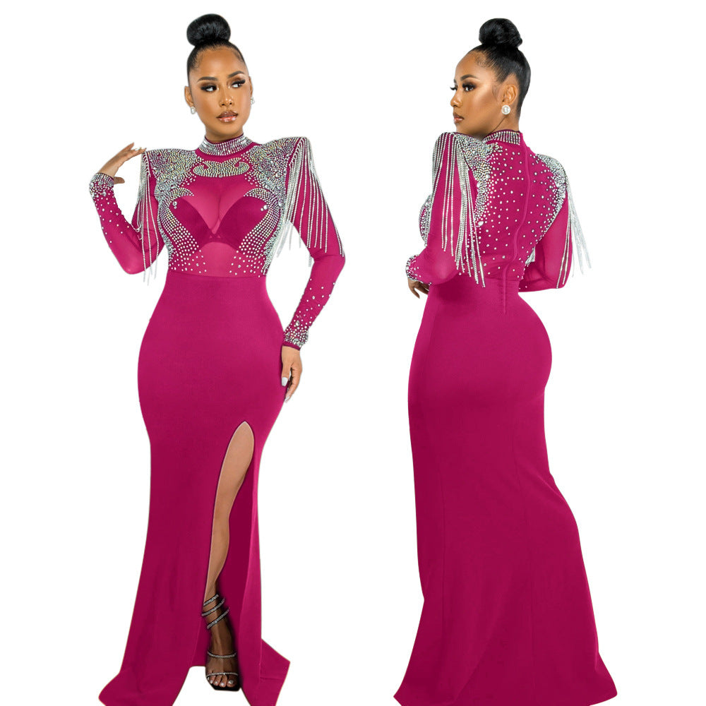 Womens Mesh Rhinestone Slim Fit Dress