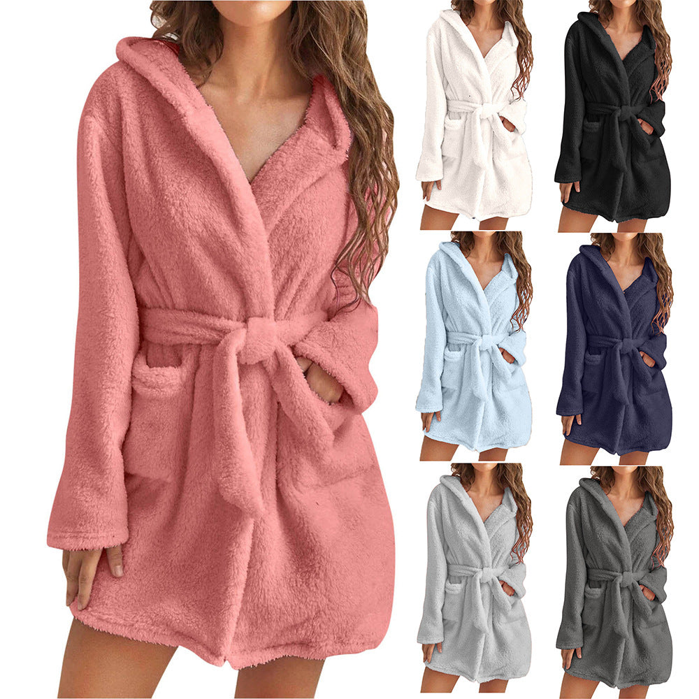 Womens Plush Hooded Bathrobe Warm Homewear