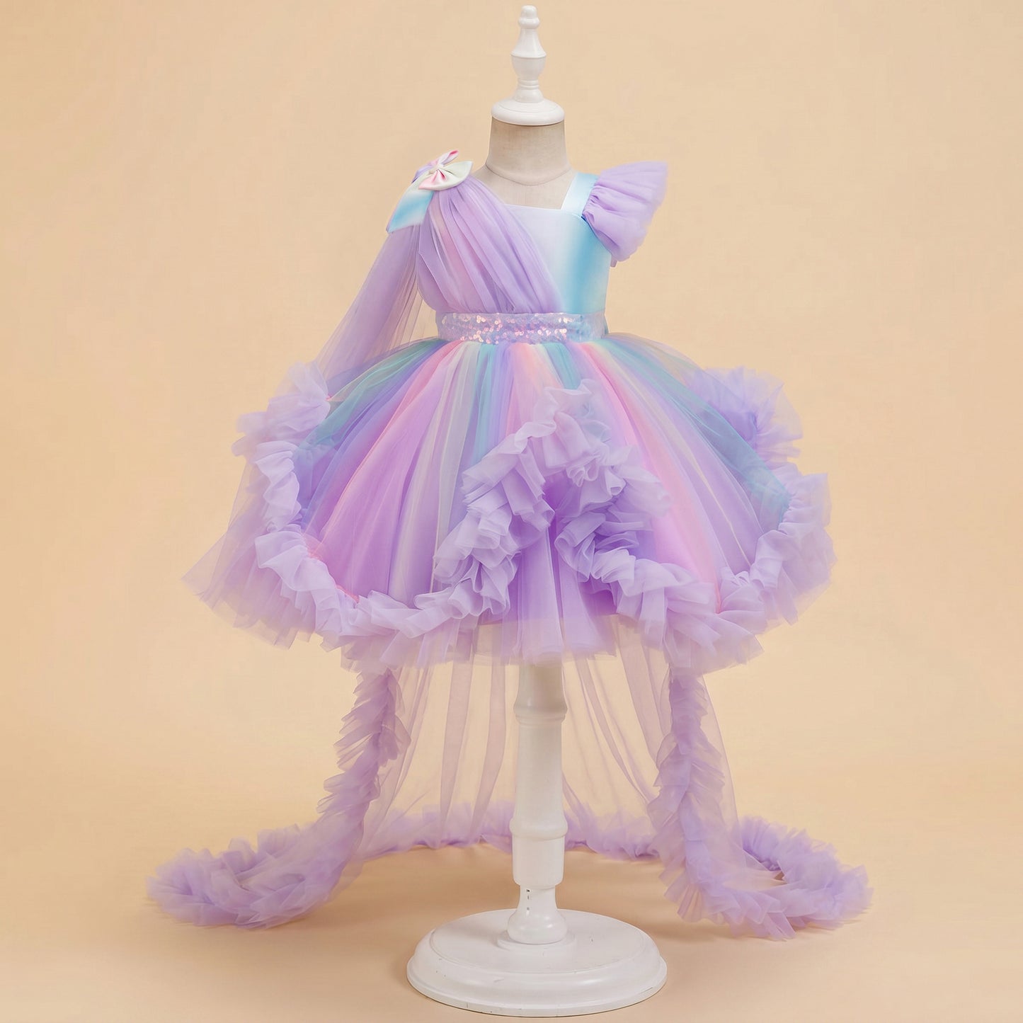 Girls Tulle Princess Dress with Irregular Train and Bow Detail Birthday Party Dress
