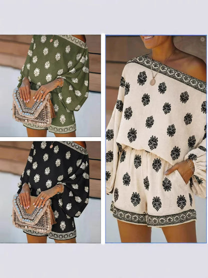 Bohemian Cross-Collar Lantern Sleeve Printed Jumpsuit