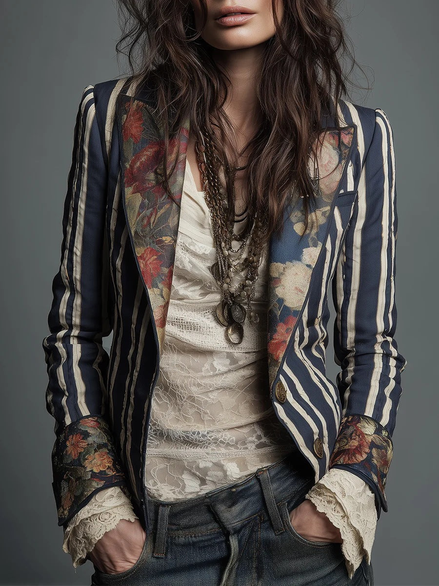 Bohemian Color-Block Striped Slim Fit Blazer for Women