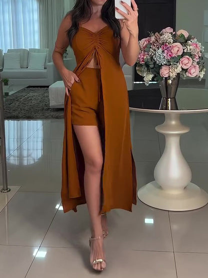 Set van tuniek met jarretels geplooide split en elastische tailleshorts