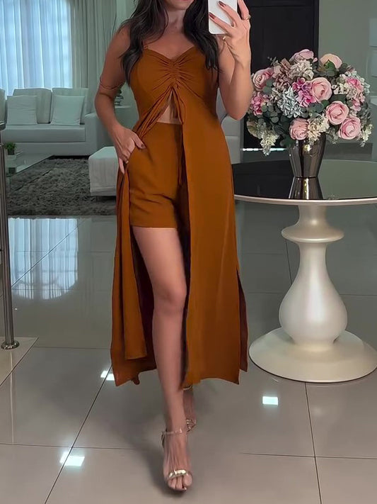 Set van tuniek met jarretels geplooide split en elastische tailleshorts