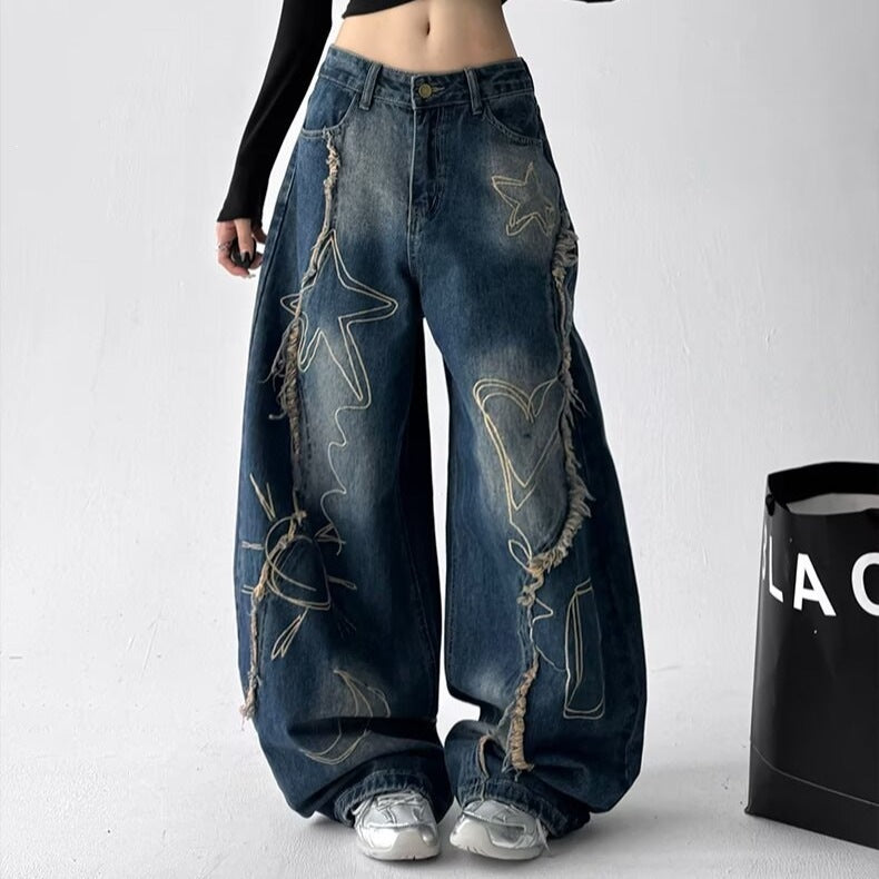 Retro Washed Embroidered Wide-Leg Jeans