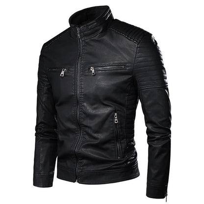Mens Slim Fit Stand Collar PU Leather Jacket Casual Coat