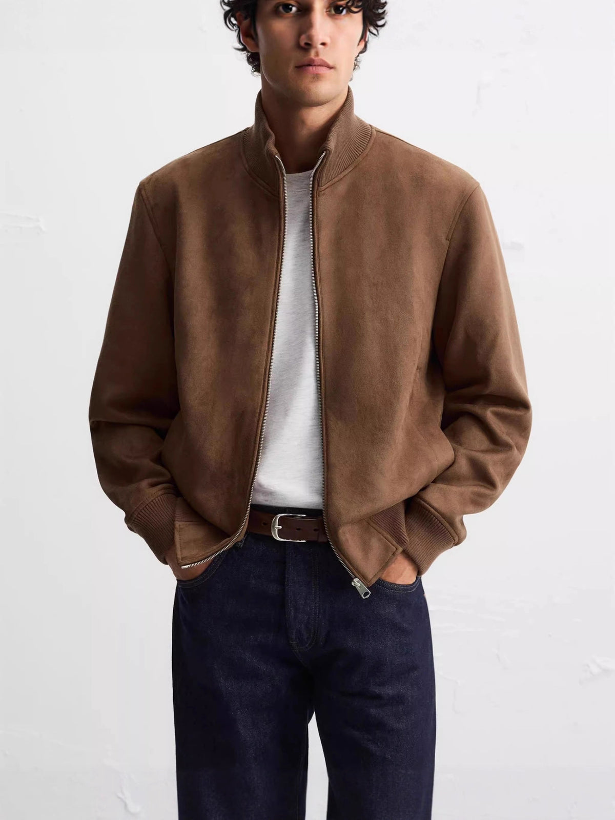 Men Suede Effect Slim Fit Straight Jacket