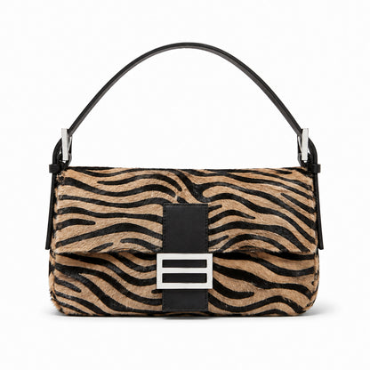 Retro zebra-patterned faux horsehair shoulder bag