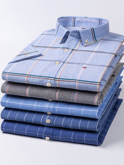 Men's 100% Cotton Plaid Short Sleeve Shirt Oxford Casual Square Collar
