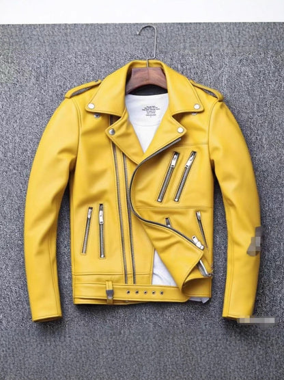 Men's leather jacket with water-washed finish, motorcycle-style men's leather jacket