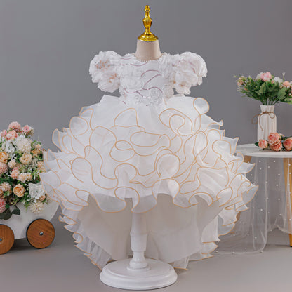 European and American Girls' Puff Short-Sleeved Dress with Three-Dimensional Flower Wedding Dress Children's Formal Dress Multi-Layered Cake Train Dress
