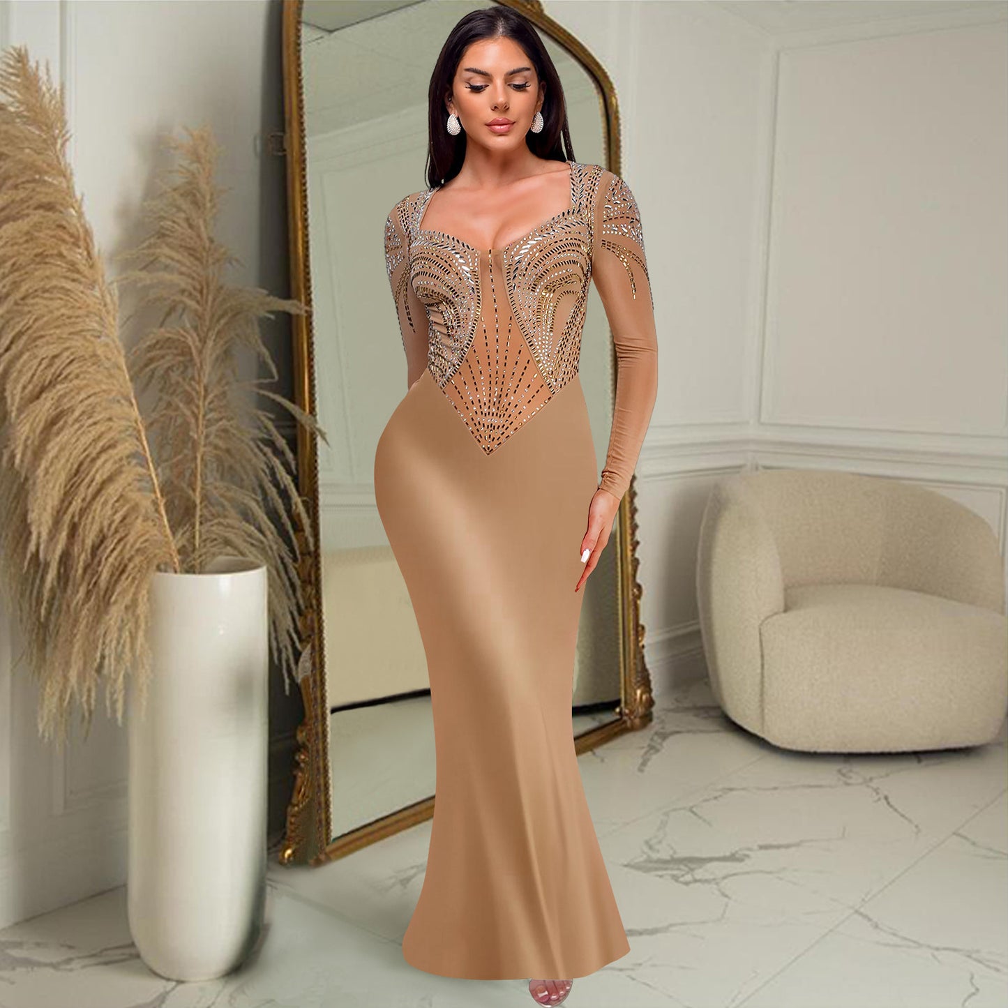 Women's Clothing Hot-Selling New Fashion Solid Color Hot Diamond Waist Sexy Hip-Hugging Dress