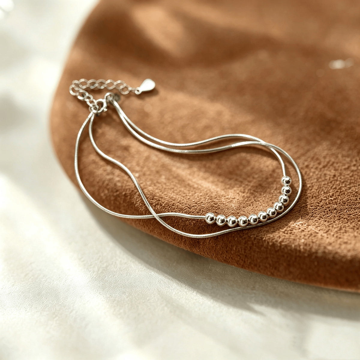 Double Layer Snake Bone Chain Silver Bead Bracelet